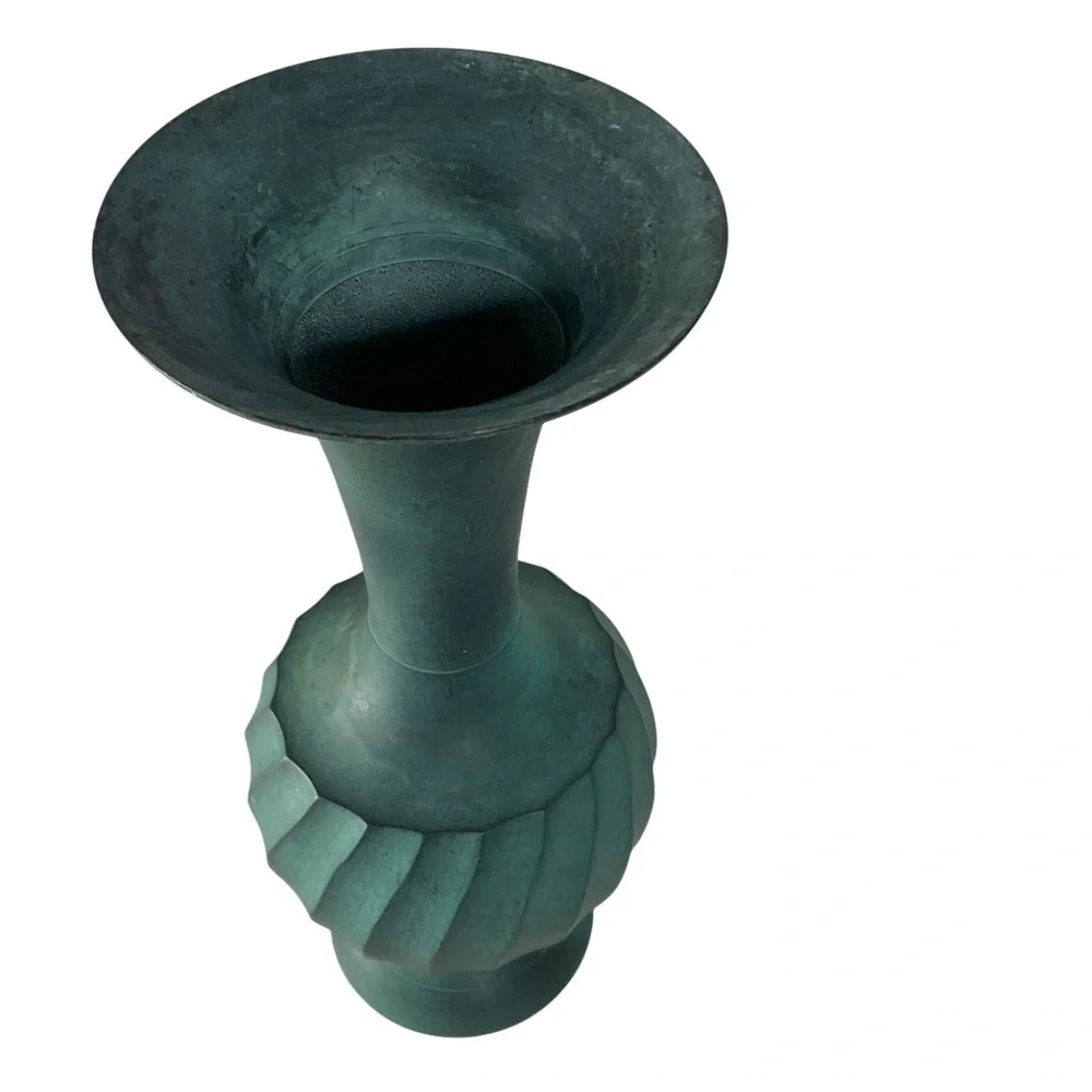 Vintage Handcrafted Green Metal Vase by Archana Crafts India Swirl Design 7 7/8”